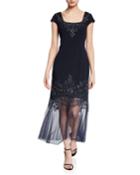 Beaded Cap-sleeve Mermaid Cocktail Dress W/ Illusion Hem