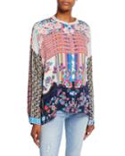 Patch Mixed-print Long-sleeve Button-down Blouse