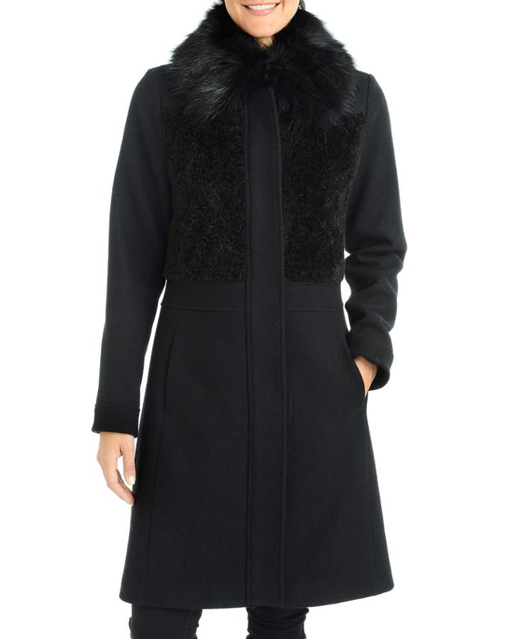 Sherpa Bodice Wool Coat With Faux-fur Collar