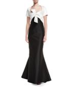 Two-tone Tie-front Mermaid Gown, Black/white