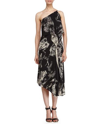 Asymmetric Patterned Tier Dress, Black