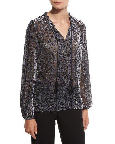 Linora Velvet Devore Blouse, Black/multi