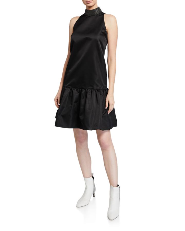 Sleeveless Drop-waist Monili-collar Dress