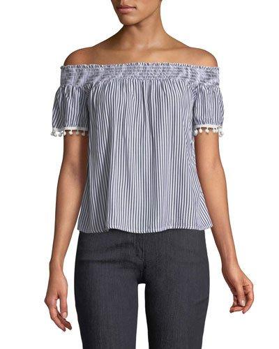 Off-the-shoulder Striped Pompom Blouse