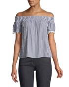 Off-the-shoulder Striped Pompom Blouse