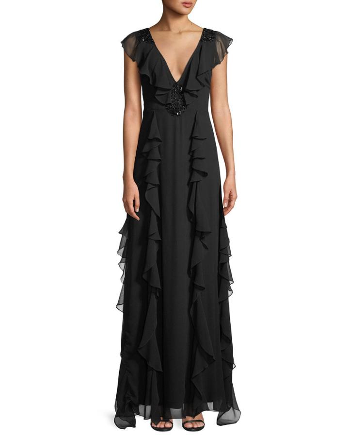 V-neck Ruffle Gown W/ Beading