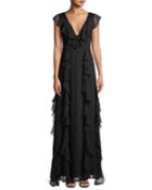 V-neck Ruffle Gown W/ Beading