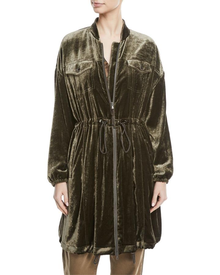 Zip-front Drawstring-waist Long-sleeve Liquid Velvet Jacket