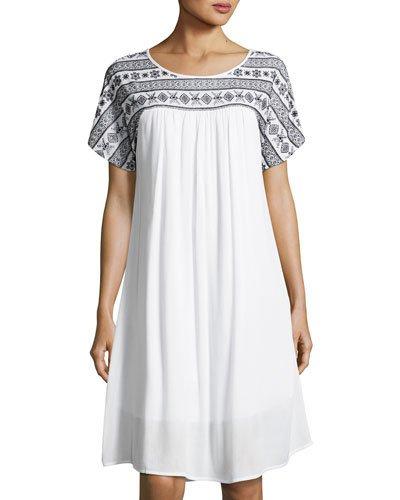 Embroidered Short-sleeve Swing Dress, White/black