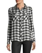 Long-sleeve Gingham-print Blouse W/ Beaded Collar
