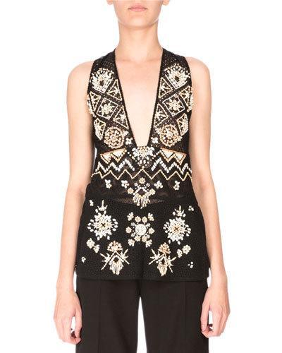 Sleeveless Embellished Lace Tunic, Black