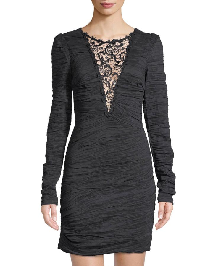 Crinkle-charmeuse Lace-neck Mini Dress, Black