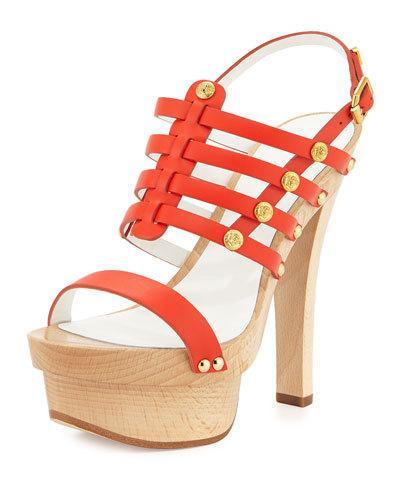 Studded Leather Slingback Sandal, Orange/golden