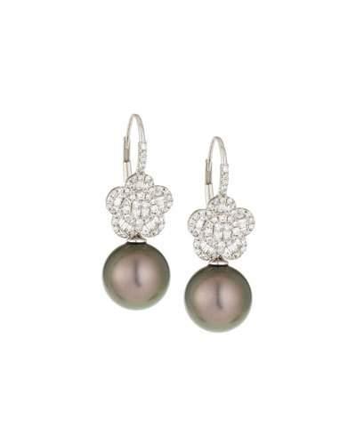 18k Tahitian Black Pearl Diamond Flower Drop Earrings,