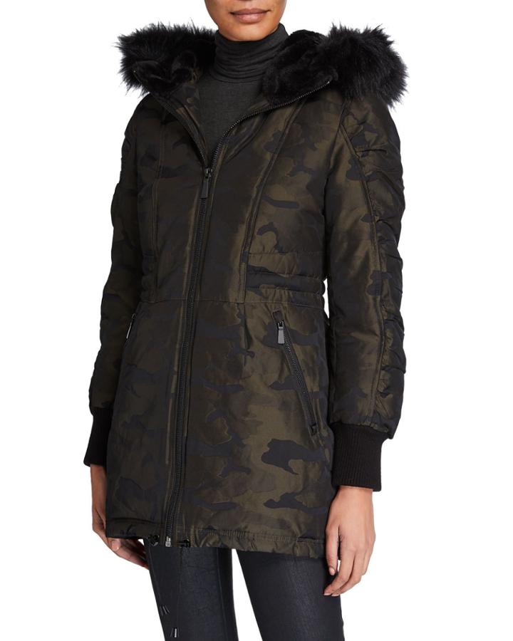 High-low Camo Anorak Coat With Faux Fur