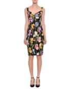 Sweetheart-neck Sleeveless Iris-print Sheath Cocktail Dress
