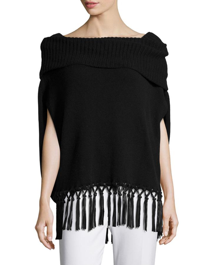 Boat-neck Knit Cape W/leather Fringe