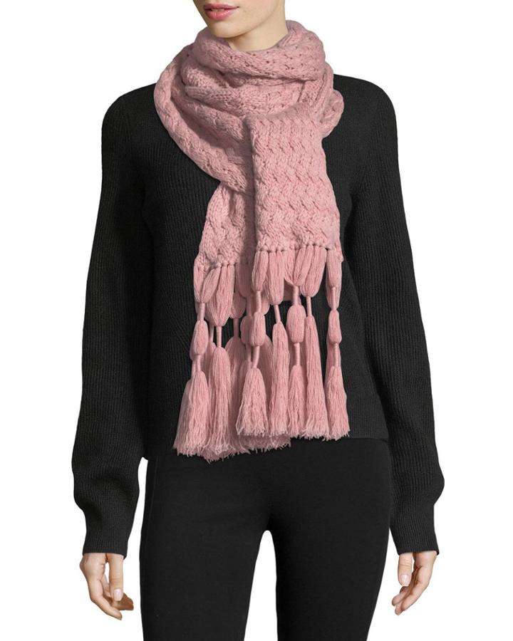 Knit Cashmere Scarf W/ Tassel Fringe, Rose