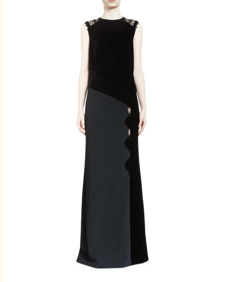Melroy Wavy-trim Sleeveless Keyhole Gown, Black