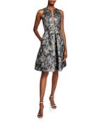 Sleeveless Deep V-neck Illusion Brocade Dress