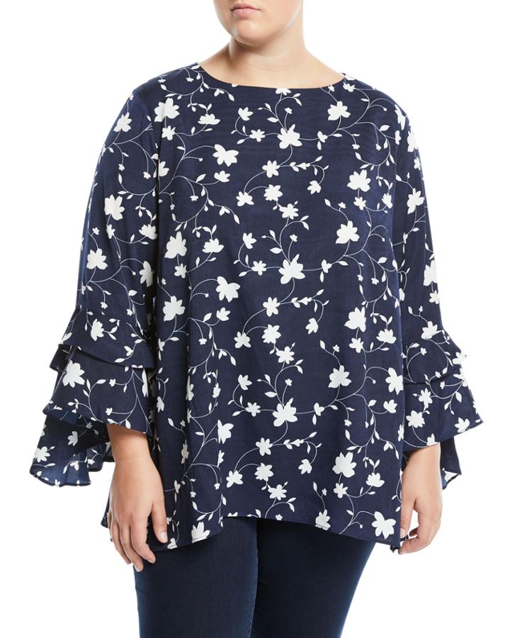 Floral-print Cascading Ruffle-sleeve Blouse,