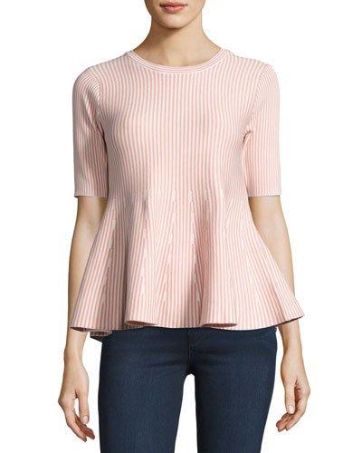 Stripe-print Knit Peplum Top, Nude/pink