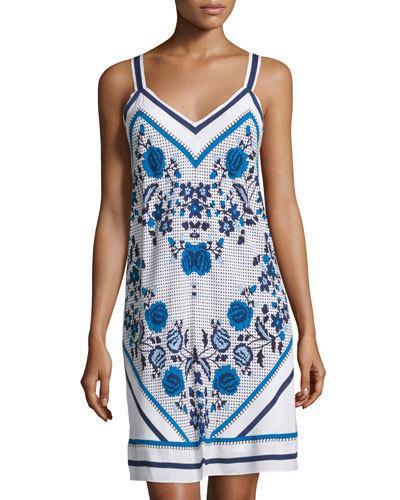 Sleeveless Floral-print Dress, Blue/ecru