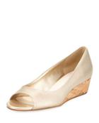 Elsie Leather Open-toe Wedge Pump, Gold