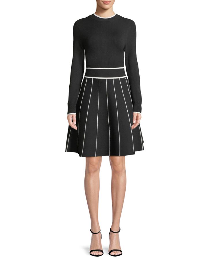 Long-sleeve Crewneck Striped Fit-and-flare Knit Cocktail Dress