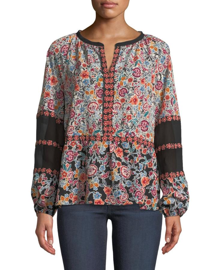 Patchwork Print Balloon-sleeve Blouse
