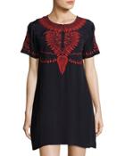 Embroidered Short-sleeve Dress, Navy