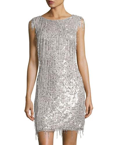 Bateau-neckline Beaded Cocktail Dress,