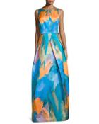 Sleeveless Abstract-print Gown, Teal