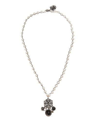 Long Freshwater Pearl Charm Pendant Necklace, White