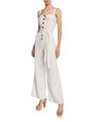 Stripe Linen Button-front Jumpsuit