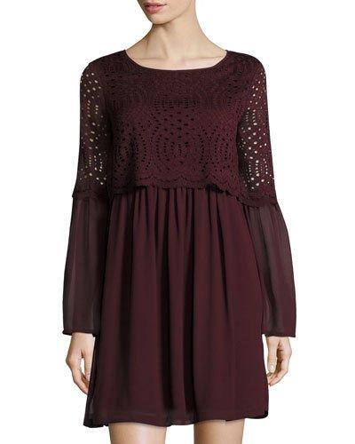 Georgette Bell-sleeve Lace-popover Dress