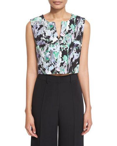 Painterly Floral-print Cropped V-neck Shell, Black