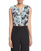 Painterly Floral-print Cropped V-neck Shell, Black
