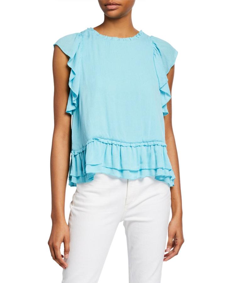 Ruffle Cap-sleeve Keyhole Crinkle Top