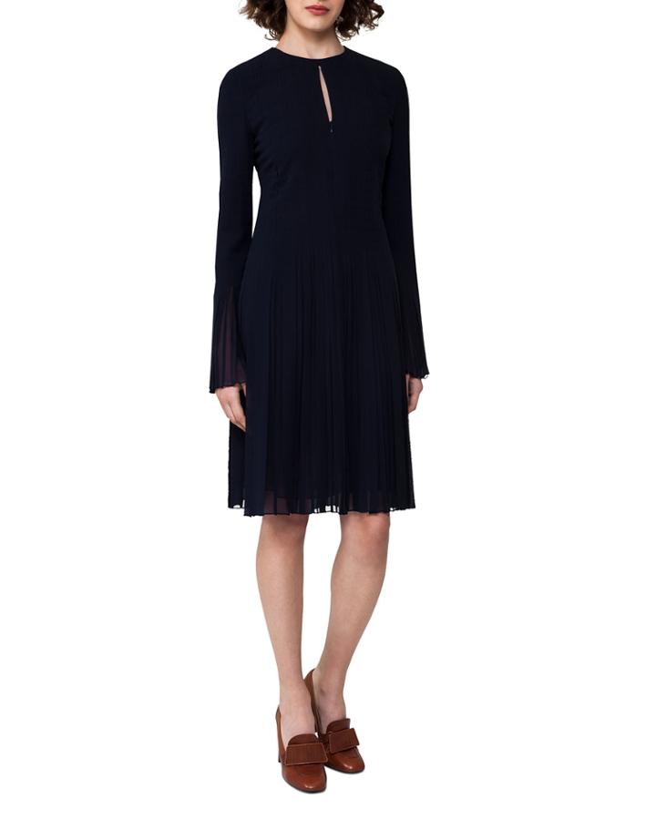 Bell-sleeve Silk Georgette Pliss&eacute; Dress, Blue