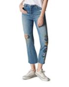 Floral Embroidered Kick Flare Cropped Jeans
