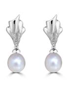 14k White Gold Diamond Fan & Pearl Earrings