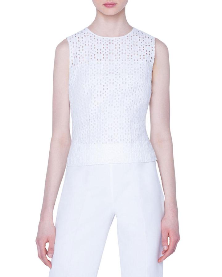 Plaid Embroidered Eyelet Illusion-neck Blouse