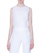 Plaid Embroidered Eyelet Illusion-neck Blouse