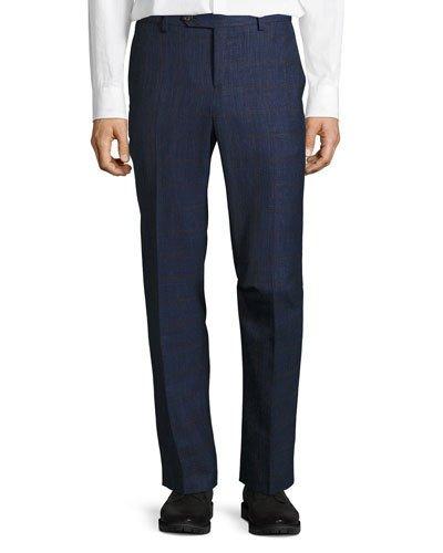 Check-print Flat-front Trousers, Blue/barley