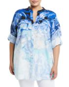 Tropical-floral Roll-sleeve Blouse,