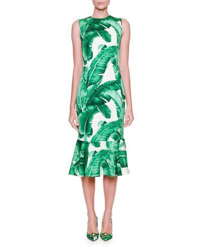 Sleeveless Banana Leaf-print Midi Dress, White/green