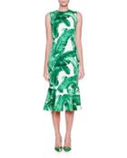 Sleeveless Banana Leaf-print Midi Dress, White/green