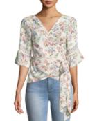 Floral Ruffle-sleeve Wrap Blouse