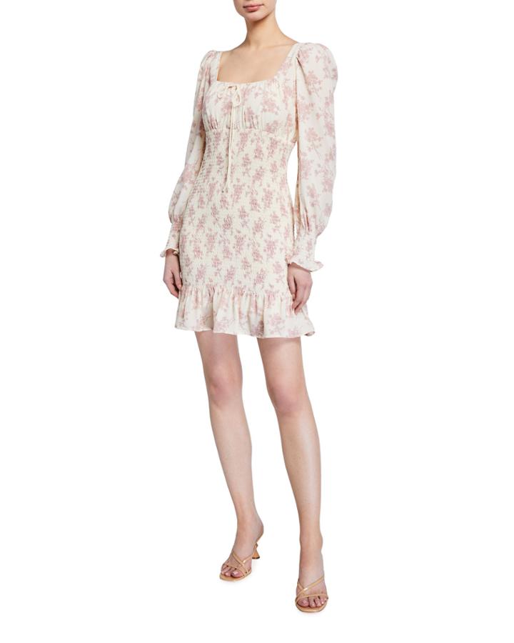 Floral Smocked-waist Long-sleeve Dress With Ruffles